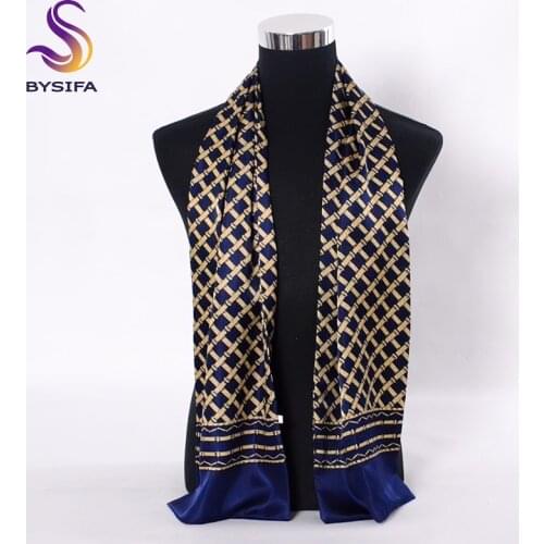 [BYSIFA] Navy Blue Gold Plaid Men Silk Scarves Fashion Accessories Autumn Winter Male Pure Silk Long Scarves Cravat 160*26cm