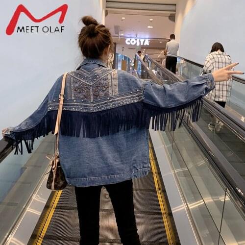 Spring Autumn 2021 Tassel Embroidered Denim Jacket Women Loose Korean Fashion BF Ins Jeans Jacket Oversized Coat Outwear