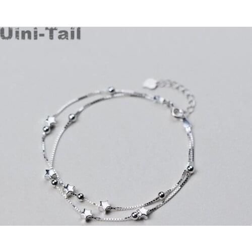 Uini-Tail 925 sterling silver round bead five-pointed star double bracelet Korean version of the simple wild fresh hand jewelry