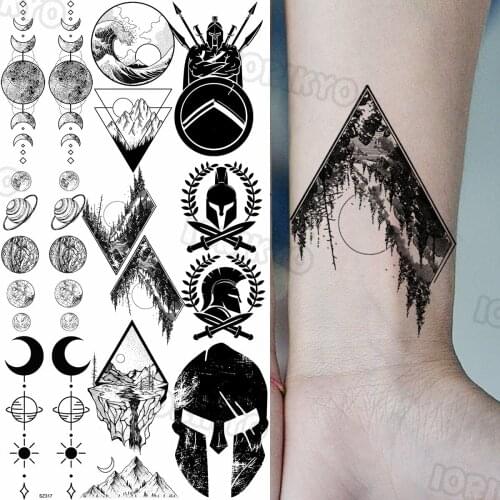 Geometric Forest Small Temporary Tattoos For Women Men Realistic Spartan Mountain Universe Fake Tattoo Sticker Arm Body Tatoos