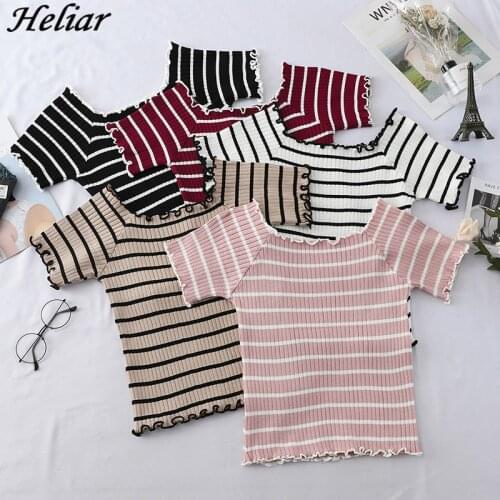HELIAR Women Knitting Stripes T-shirts Off Shoulder Flounce Hem Tees Women Short Sleeve T-shirts Cute Tops Women 2021 Summer