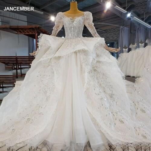 HTL2174 Ivory White Luxury Metal Sequins Long Sleeve Lace Wedding Dress Shiny Diamond Decoration Wedding Gown свадебные платья