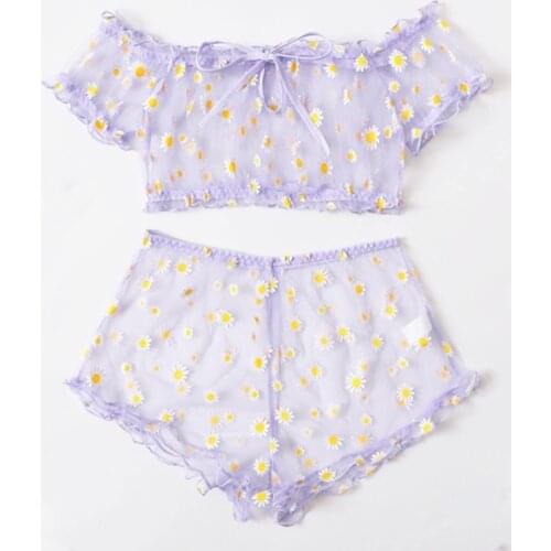 Bikini Set Womens Underwear Cute Daisy Embroidery Lingerie Set Off-Shoulder Bralette Top+Shorts Transparent Mesh Sexy Lingerie