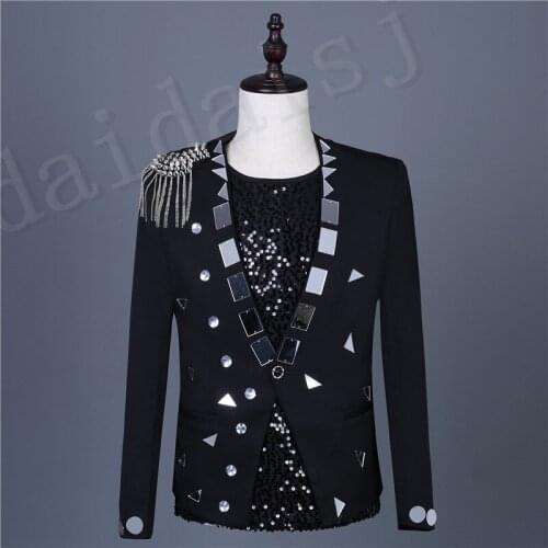 100%real mens mirror beading rivet tassels short jacket magician/studio/party/stage performance/dance/sing/jacket