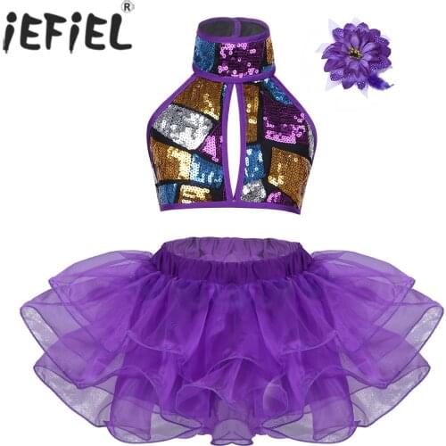IEFiEL Girls Dance Costumes Halter Shiny Sequins Crop Top with Tutu Dress Flower Hair Clip for Gymnastics Ballet Jazz Dancewear