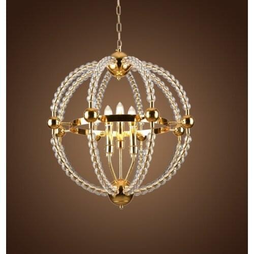 Gold crystal beaded chandelier lamp globe metal iron candle chandelier sphere hanging light fixtures for living room kitchen