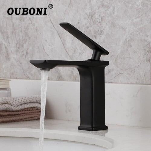 OUBONI Matte Black Bathroom Faucet Wash Basin Sink Tap NEW Deck Mounted Solid Brass White Chrome Wash Basin Mixer Tap Faucet
