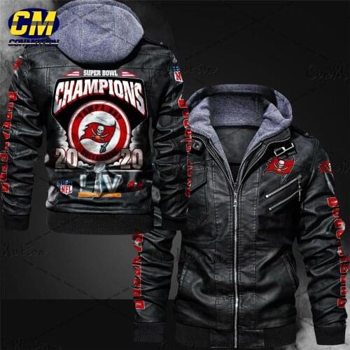 Fashion red Buccaneers flag print outdoor jacket cool motorcycle mens leather jacket casual Tampa Bay streetwear