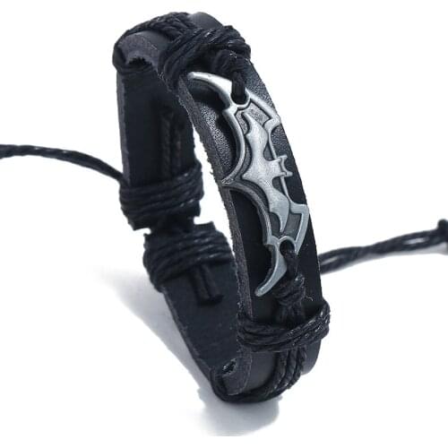 Punk Fashion Hippie Bat Bracelet Black Brown Genuine Leather Charm Bangle Wrap Wristbands Unisex Accessories Hiphop Rock Jewelry