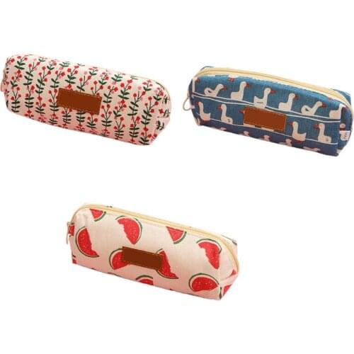 Cartoon Canvas Pencil Bag Multi-purpose Staionery Organizer Case Cute Makeups Pouch Zippered Pencil Pouch for Students