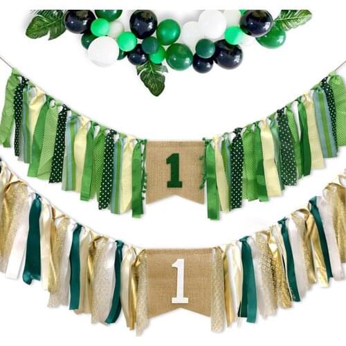 Green Theme Dining Chair Pull Flag Baby Shower First Birthday Party Decoration for Banner Kids Birthday Garland Hanging Bunting