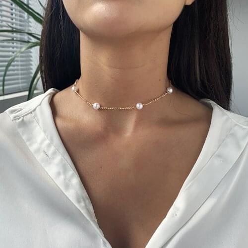 Imitation Pearl Choker Necklace For Women Gold Color Short Chain Necklaces Ladies Party Jewelry Boho Chocker