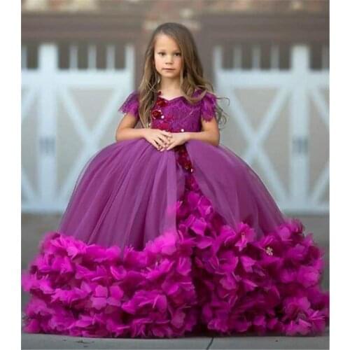 Fuchsia Puffy Tulle Flower Girl Dresses Lace Handmade Flower V Neck Kids Pageant Dress Long Sleeve Girls Birthday Party Gowns