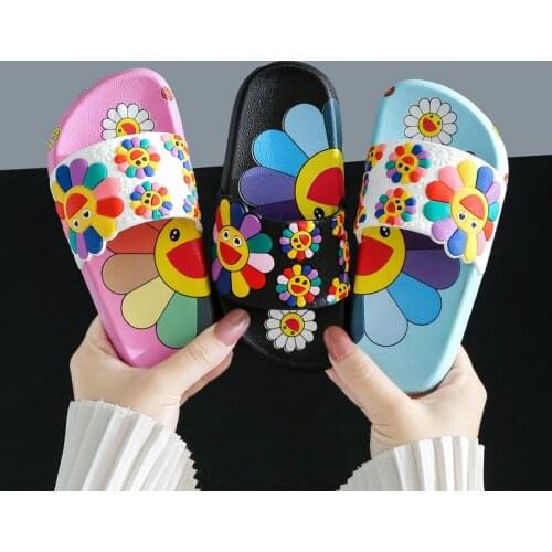 Girls Slippers Soft Bottom Anti-Slippery Sandals Print Sun Flower Fashion Cute Flip Flops Summer Children Shoes Size for 21--41