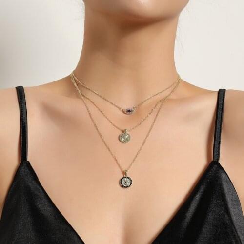 Trending Multilayer Chains Round Eye Pendant Necklace Women Vintage Rhinestone Geometric Sweater Necklace Colar Jewelry Gift
