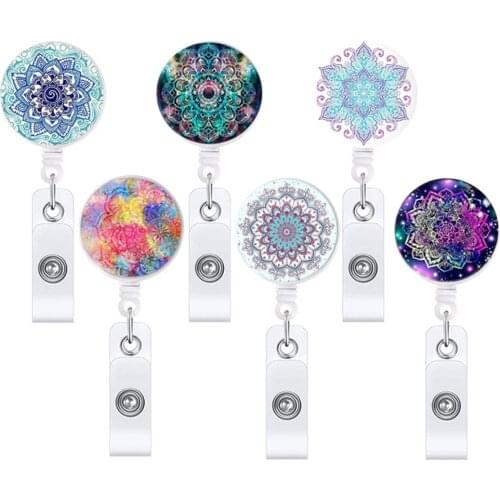 Mandala Flower Retractable Doctor Nurse Badge Reel 360 Rotating Alligator Clip Fashion Id Badge Holder