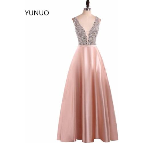 YUNUO New Fashionable V Neck Sleeveless Prom Dresses 2021 Vestido De Festa Beading Long A Line Back Party Dresses Custom 541