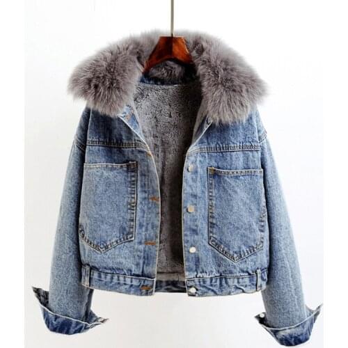 Removable Big Fur Collar Denim Jacket Coat Women Black Blue Outerwear Korean Vintage Loose Thick Warm Short Jeans Jacket Female