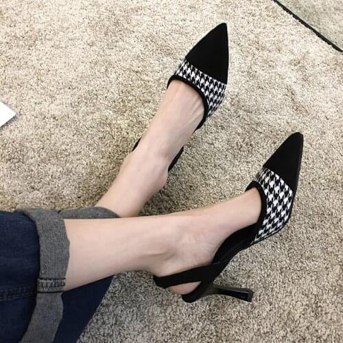 Womens shoes pointed toe sandals spring 2020 new style with stitching black and white plaid fine heel