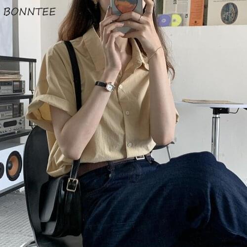 Short Sleeve Shirts Women Solid Fashion Simple Streetwear All-match 2021 BF Summer Design Loose Camisas Mujer Casual Minimalist