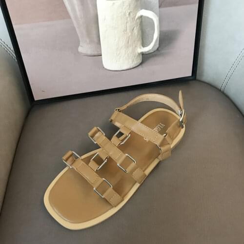 Meotina Women Sandals 2021 Gladiator Shoes Round Toe Flat Sandals T-Strap Brand Design Ladies Footwear Black