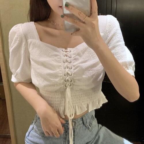 Womens Tops High Waist Short Section Exposed Navel Square Collar Bubble Sleeve Shirt White lantern sleeve W1