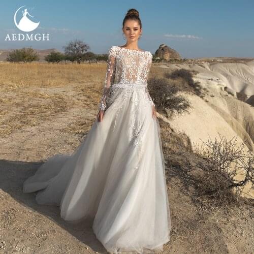 Aedmgh Beach Wedding Dresses 2021 Boat Neck Long Sleeve Vestido De Novia A-Line Court Train Appliques Tassel Boho Bridal Gowns