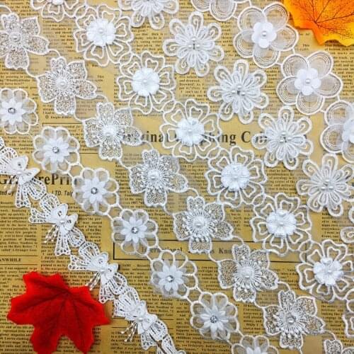 1Yd Vintage Organza Flowers Pearls Lace Trimmings Applique Ribbon Beads White Sewing Craft For Decorative Hat Wedding Dress