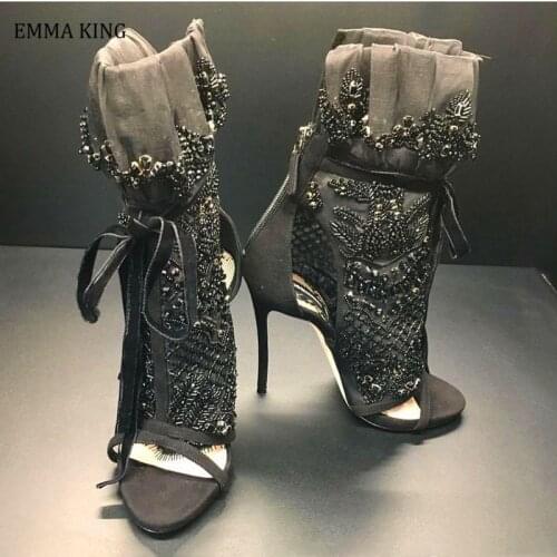 2020 Luxury Black Mesh Womens Ankle Boots Autumn Peep Toe Ankle Strap Boots Sandals Elegant Black Lace Women High Heel Boots