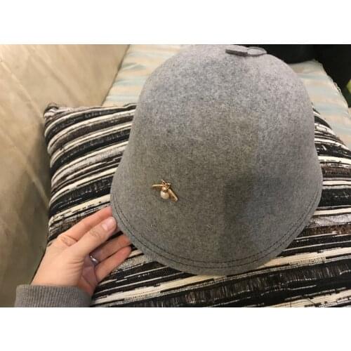 202004-pearl bee Rhinestone pin Button decoration Elegant Style 100% wool lady leisure bucket cap women fishermen hat