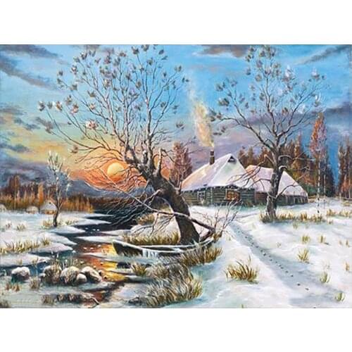 Diamond Painting Round Full Drill Winter Snow Scene Wooden House Scenery DIY Mosaic Embroidery 5D Cross Stitch Scenic Picture