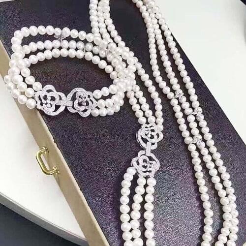 Free shipping 3row 6-7mm white Pearl CZ Necklace bracelet 925 silver micro inlay zircon clasp accessory jewelry