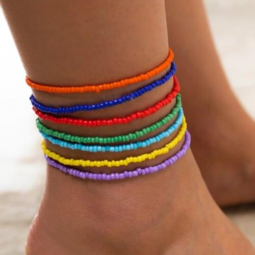 IngeSight.Z 7Pcs/Set Rainbow Colorful Seed Beaded Anklets Bracelets Adjustable Anklets Barefoot Sandals On Foot Ankle Jewelry