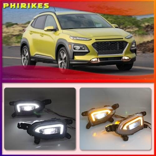 2pcs For Hyundai Kona 2019 2020 Dynamic Yellow Turn Signal Function Car DRL Lamp 12V LED Daytime Running Light