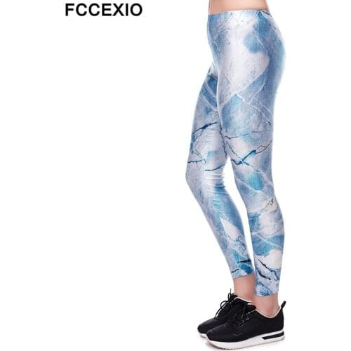 FCCEXIO New Arrival Women Fitness Leggings Marble Blue Printed Punk Pants Sexy Slim Woman Workout High Waist Push up Leggings