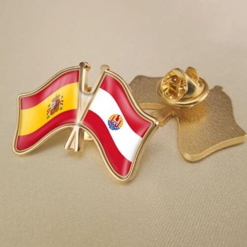 Spain and French Polynesia Crossed Double Friendship Flags Lapel Pins Brooch Badges