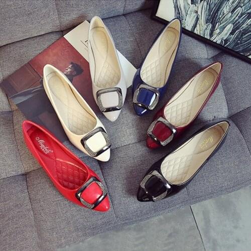 Japanned leather pointy toe moccasins metal buckle spring women shoes shallow slip on solid loafers ladies casual non-slip flats