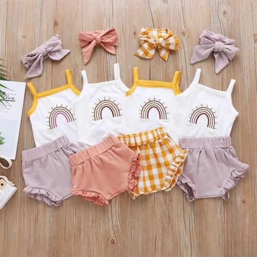 3 PCS Summer Baby Girls Clothes Rainbow Sling Bodysuit Shorts Bow Headband Suit Newborn Clothing Set 0-18M Baby Outfits