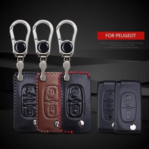 Leather Car Key Case Cover For Peugeot 107 207 307 308 SW 301 106 206 306 Partner 407 208 408 508 3008 2008 5008 Keyring Chain