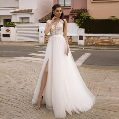 2020 New Bridal Gown Wedding Dress Sheer Bateau Neck Cap Sleeves Lace Appliques Tulle Bride Split Dress Tv23