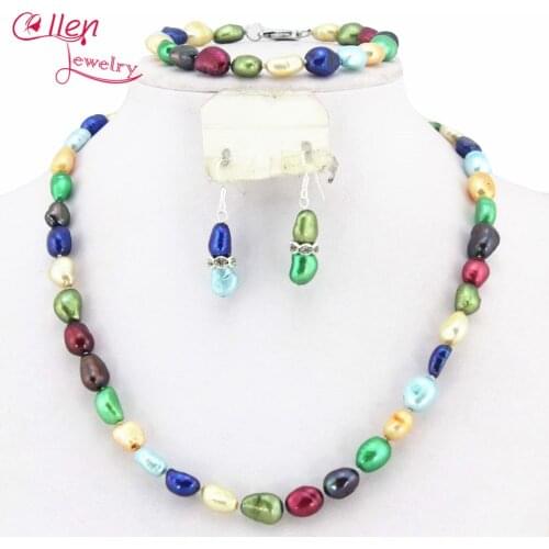 Multicolor 8-9mm Nature Freshwater Pearl Beads Jewelry Set Fashion Party Wedding Bridal Jewelry Set W7695