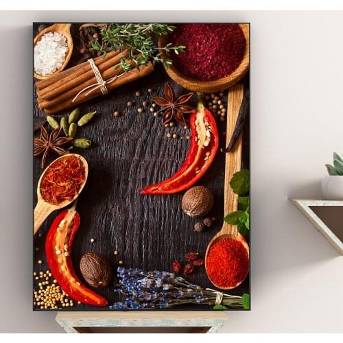 Seasonings on Black Wooden Table Canvas Painting Art Posters And Prints White Chili and Pepper Art Pictures for Kitchen HD Decor