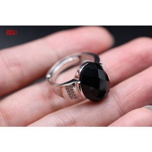 Real 925 sterling silver simple atmosphere black agate inlaid silver ring