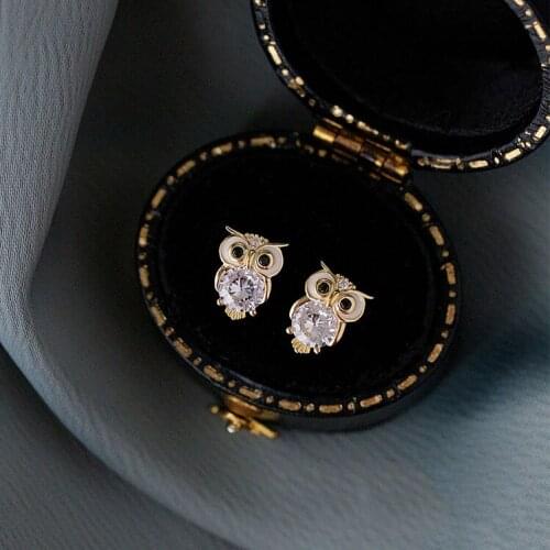 Luxury Female White Crystal Owl Earrings Real 925 Sterling Silver Gold Wedding Earrings For Women Small Double Stud Earrings
