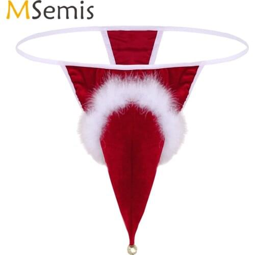 Red Mens Lingerie Panties Velvet Santa Hat Christmas Holiday Fancy Cosplay G-string Thong Briefs Underwear with Small Bell