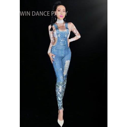 Bright Stones Jeans Printed Jumpsuit Rhinestones Skinny Leggings Nightclub Show Womens Birthday Party Prom DS Outfit Stage Wear