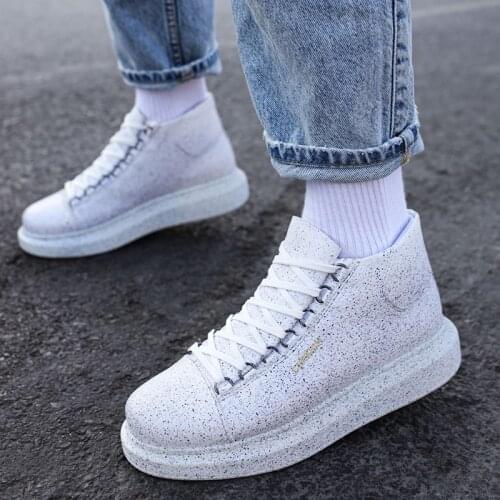 Chekich Womens Boots White Color Colorful Splash Pattern Non Leather Lace Up Winter Season 36-45 Size High Top Unisex Shoes Men Odorless Sneakers Red & Green Dots Fabric Motorcycle Punk Bike Heel Pole CH263 Women V4