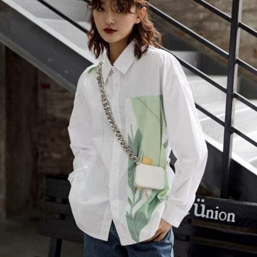 Womens Plant Print Patchwork Tops Lady Fashion Casual Loose White Shirt Ladies Blouse