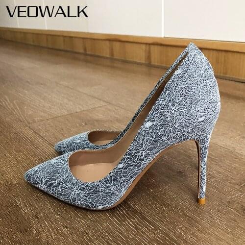 Veowalk Silver Pattern Fabric Women Pointed Toe Stiletto Pumps Chic Designer Elegant Ladies High Heel Party Slip On Dress Shoes