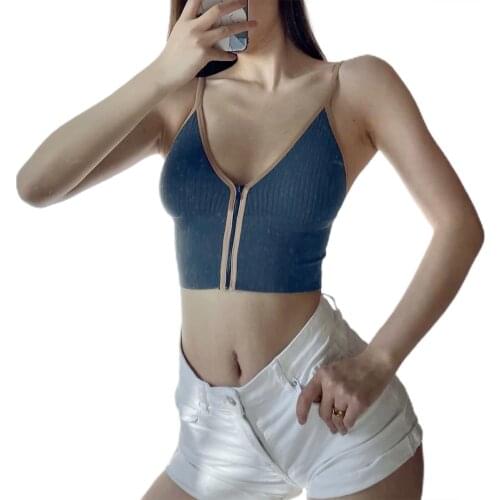 Women’s Fashion Contrast Color Camisole Sexy V-neck Zipper Open Exposed Navel Backless Tops